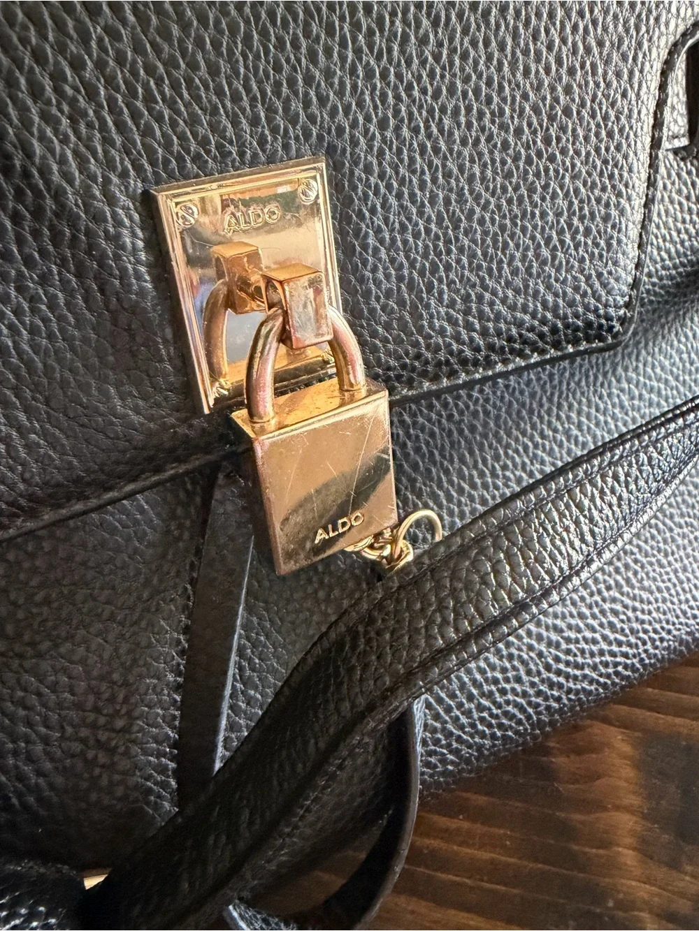 Aldo Black Faux Leather Top-Handle Satchel with Scarf Accent & Gold Hardware